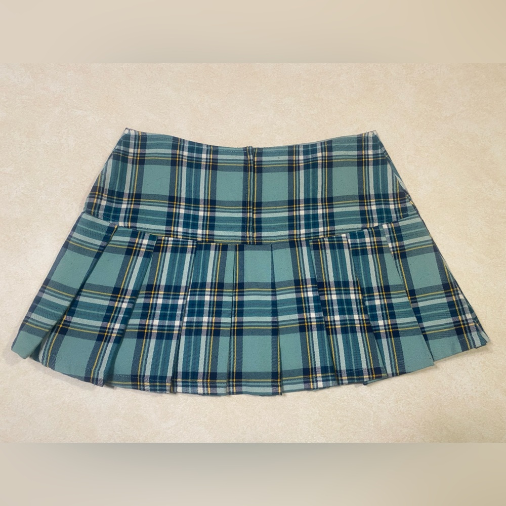 Divided (H&M) Size 8 Teal/ Navy/ White/ Yellow Lined Pleated Plaid Mini Skirt